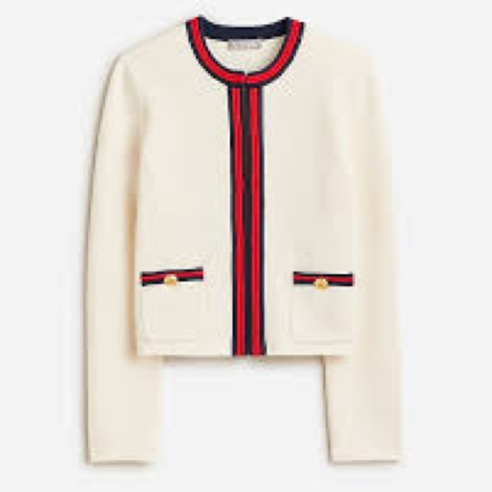 Cream Knit Cardigan with Red & Navy Trim